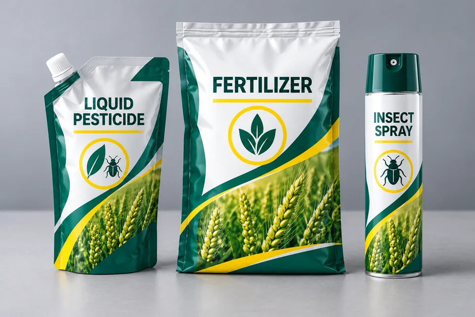 Chemical product packaging: liquid pesticide spout pouch, fertilizer bag and insecticide aerosol can