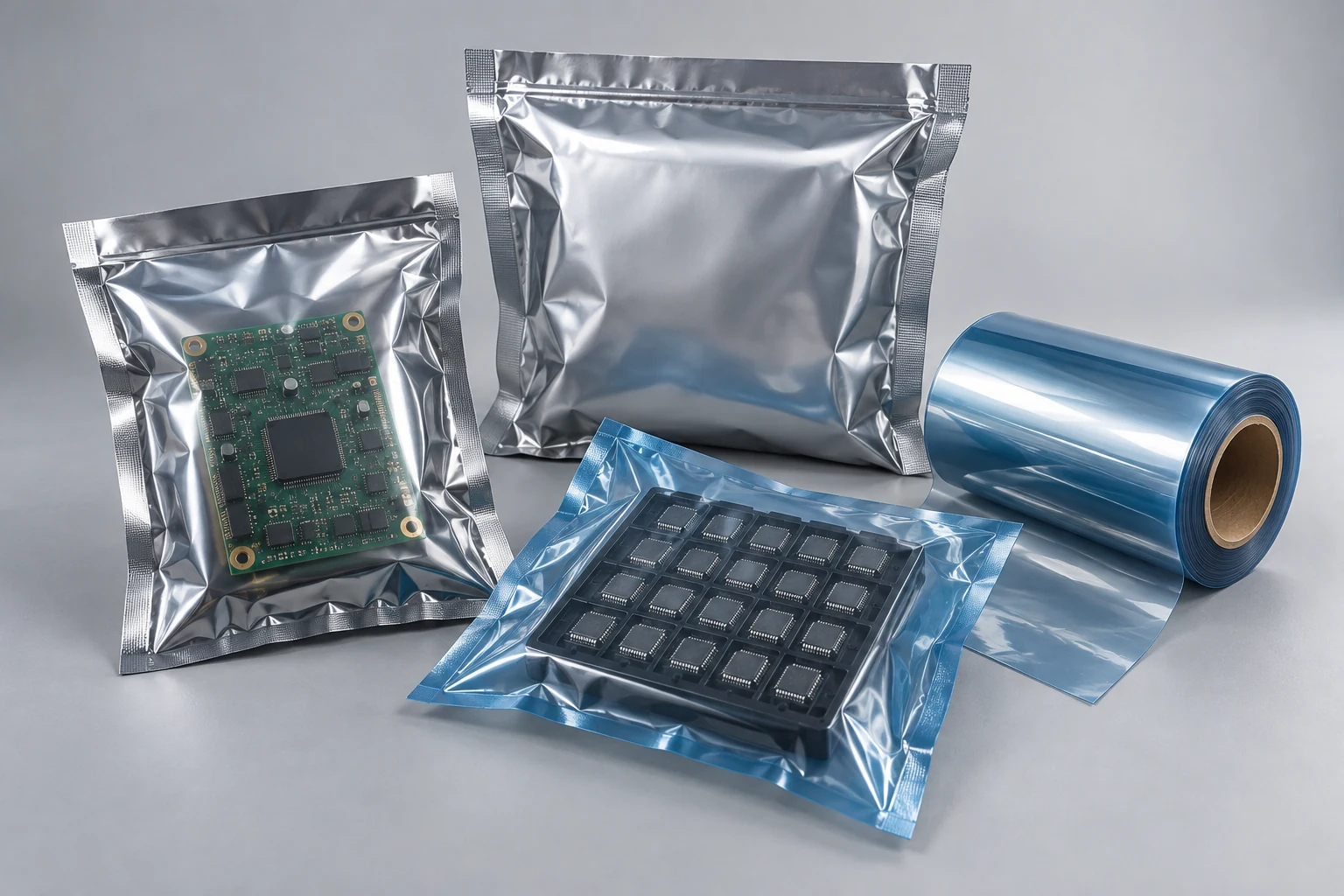 Electronics packaging: antistatic shielding bags, component tray and protective film