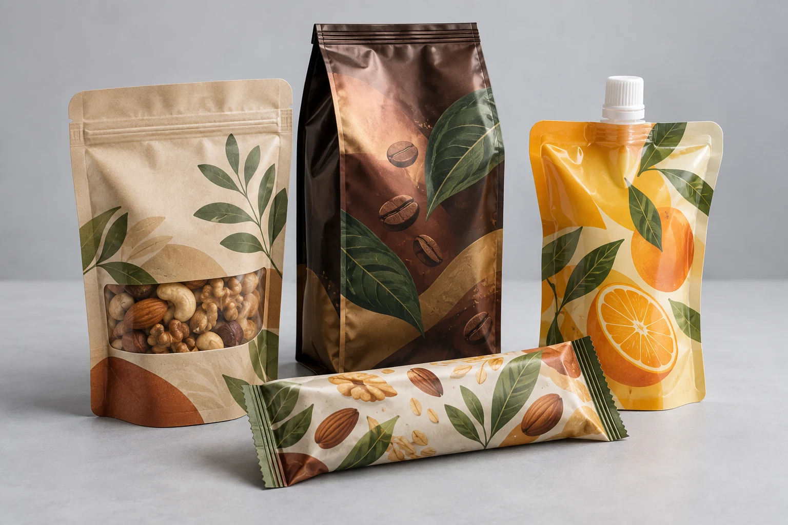Food and beverage packaging: nut pouch, coffee bag, juice pouch and snack wrapper