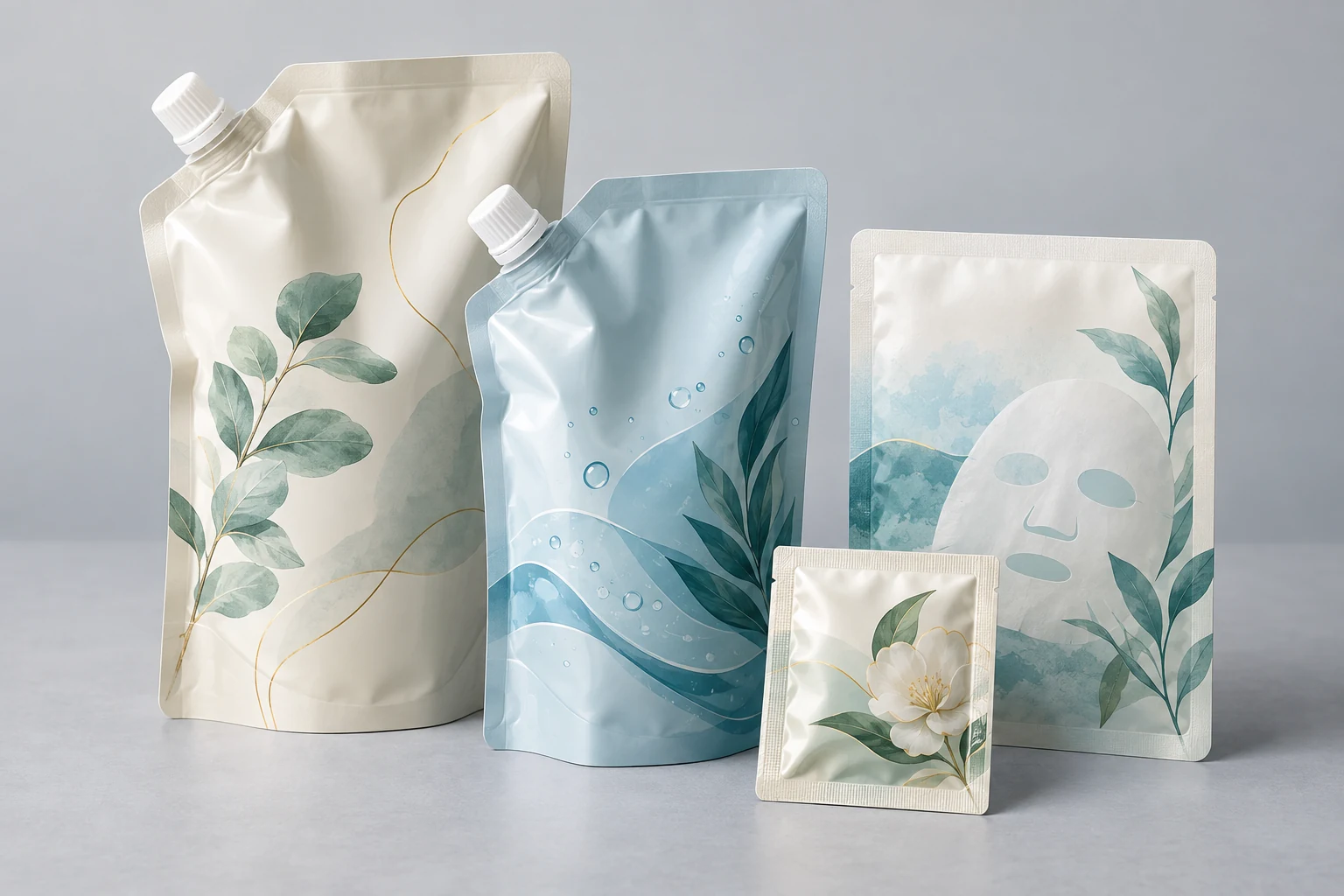 Personal care packaging: refill pouches, face mask sachet and cosmetic sample