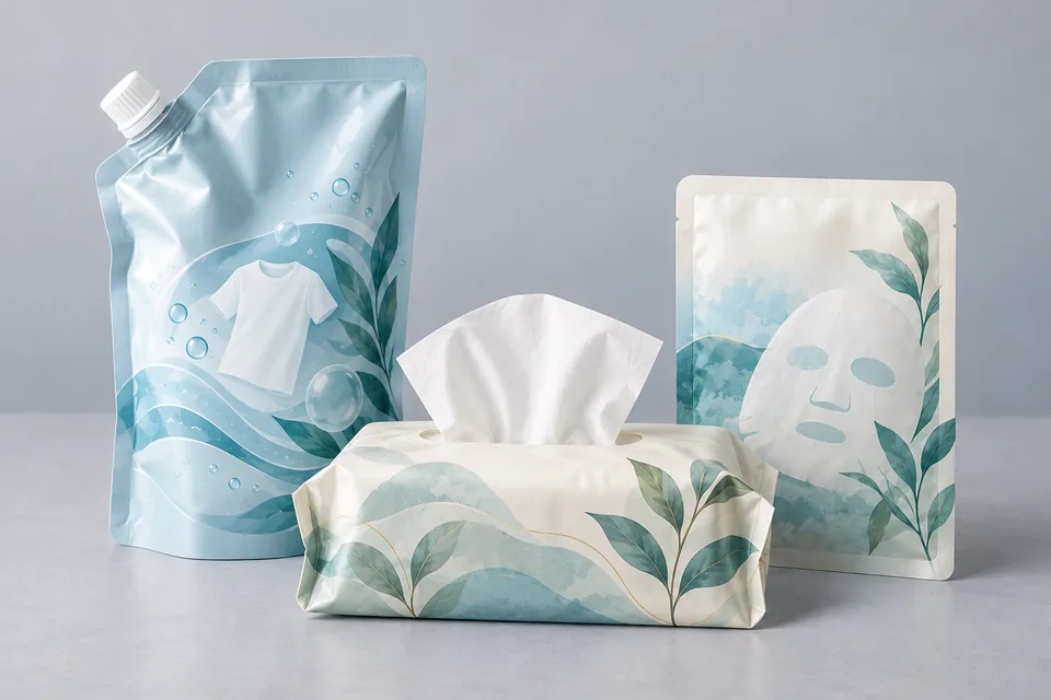 Personal care packaging: face mask sachet, pull-out facial tissues and laundry detergent refill pouch