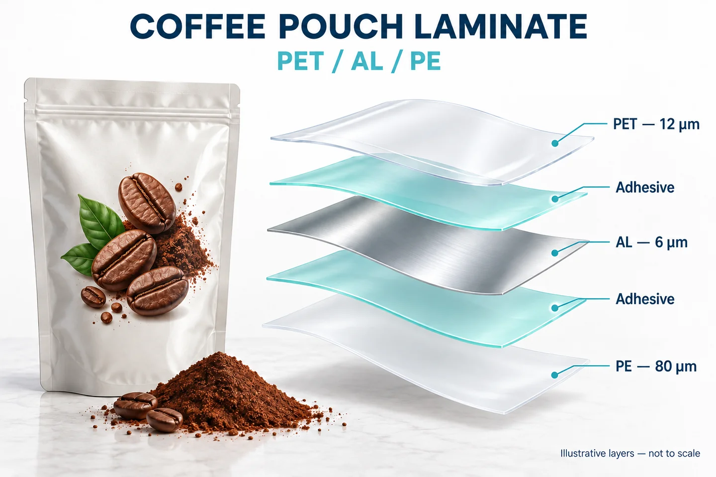 Coffee pouch concept with PET 12 micrometers, two adhesive layers, aluminum foil 6 micrometers and PE 80 micrometers